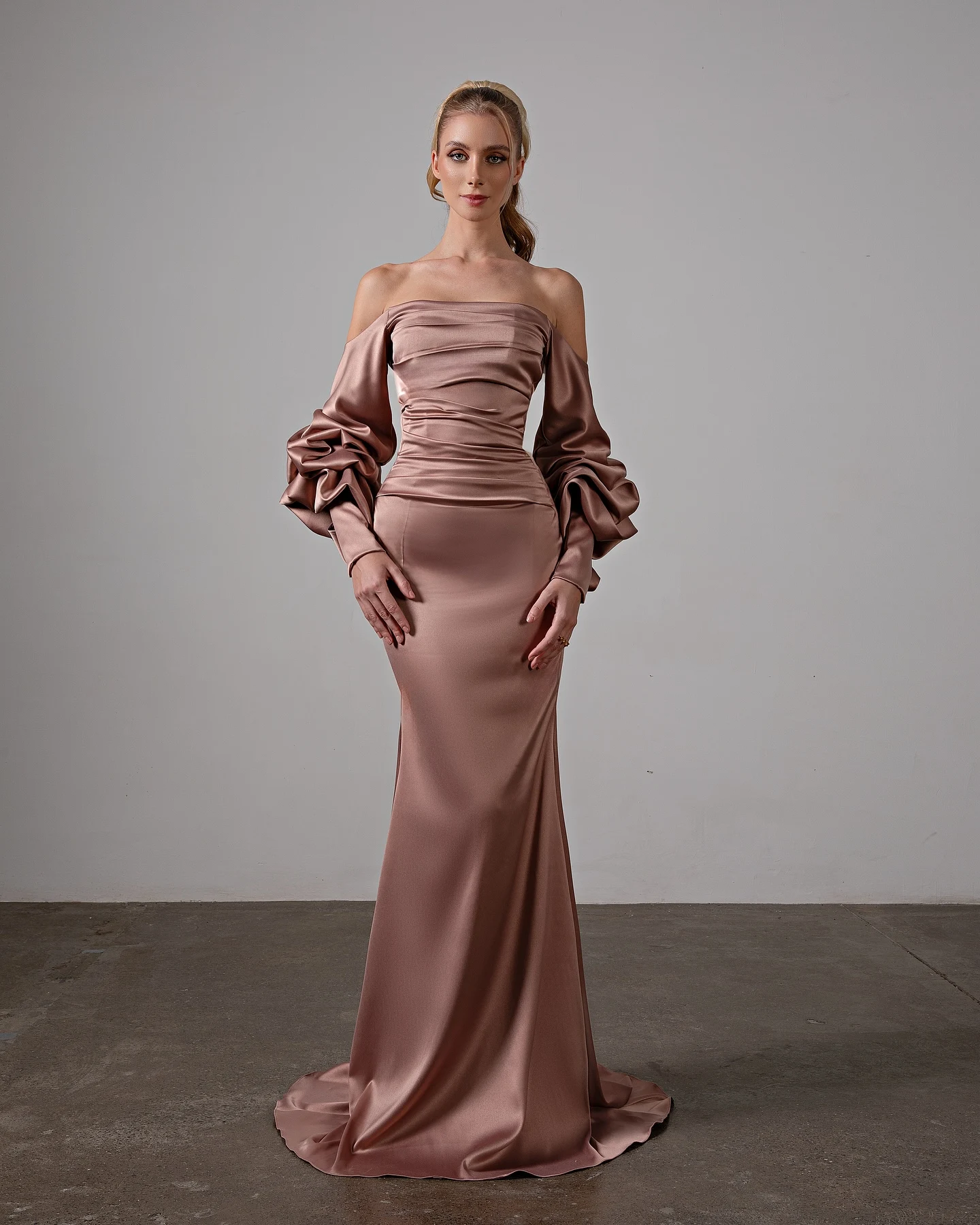 Personalizado requintado fora do ombro mangas puff vestido de noite delicado zíper voltar vestido de festa moda sereia vestido de baile