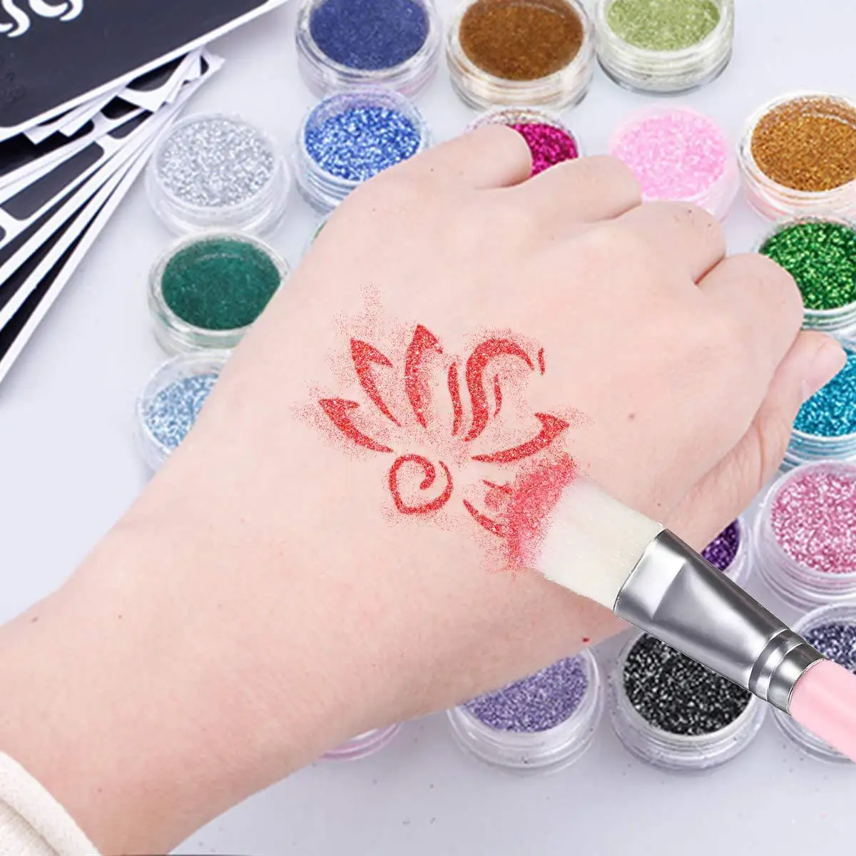 Glitter Temporary Tattoo Set 24 Colors with 2 Bottles of Glue,3 Sheets of Stencil Paper for Stage Performances,Christmas Parties