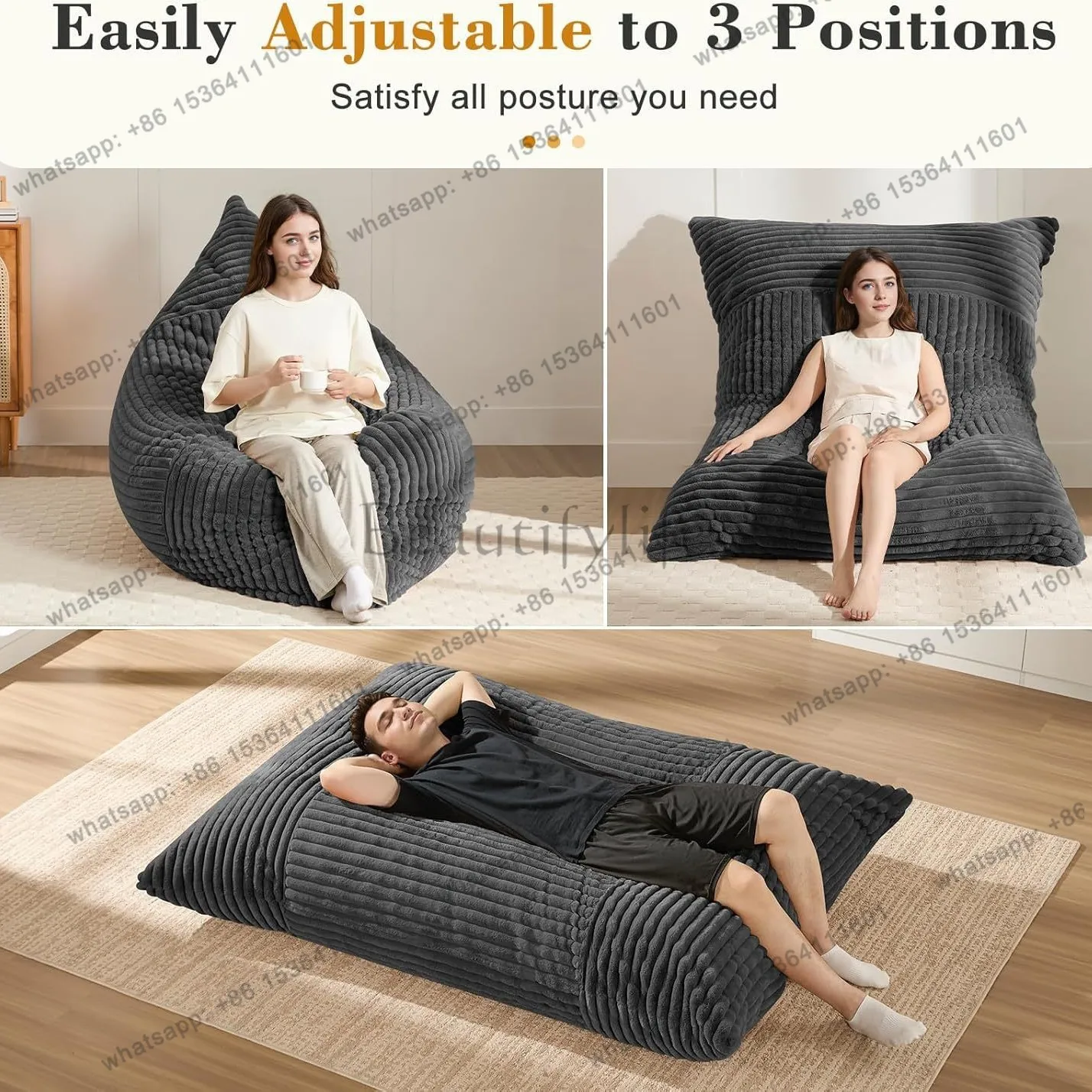 LJY Vacuum-Compressed 3-in-1 Bean Bag Chair,Corduroy Floor Sofa Seat,Removable Washable Cover,Lazy Sofa, Comfortable  Accent Cha