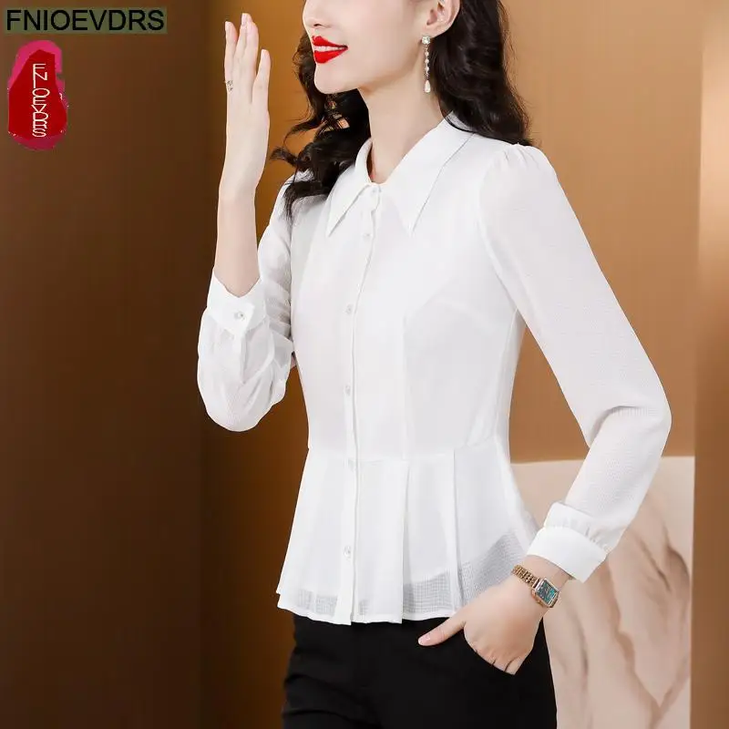 Office Lady Shirts 2023 Fall Autumn Basic Wear Work Women French Design Long Sleeve Button Shirt Ruffles Peplum Tops Blouses