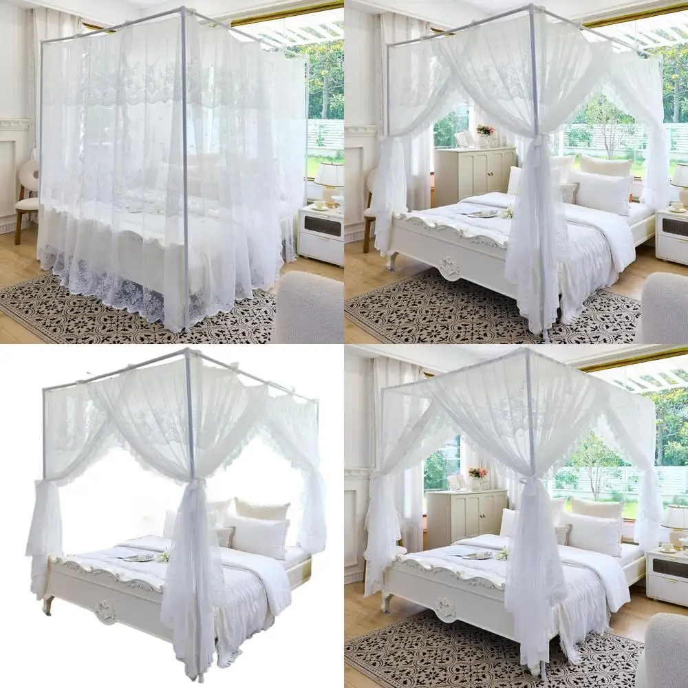 

Twin Size White Princess 4-Poster Bed Canopy Mosquito Net - Romantic Decor for Wedding, Kids, and Adults Bedroom