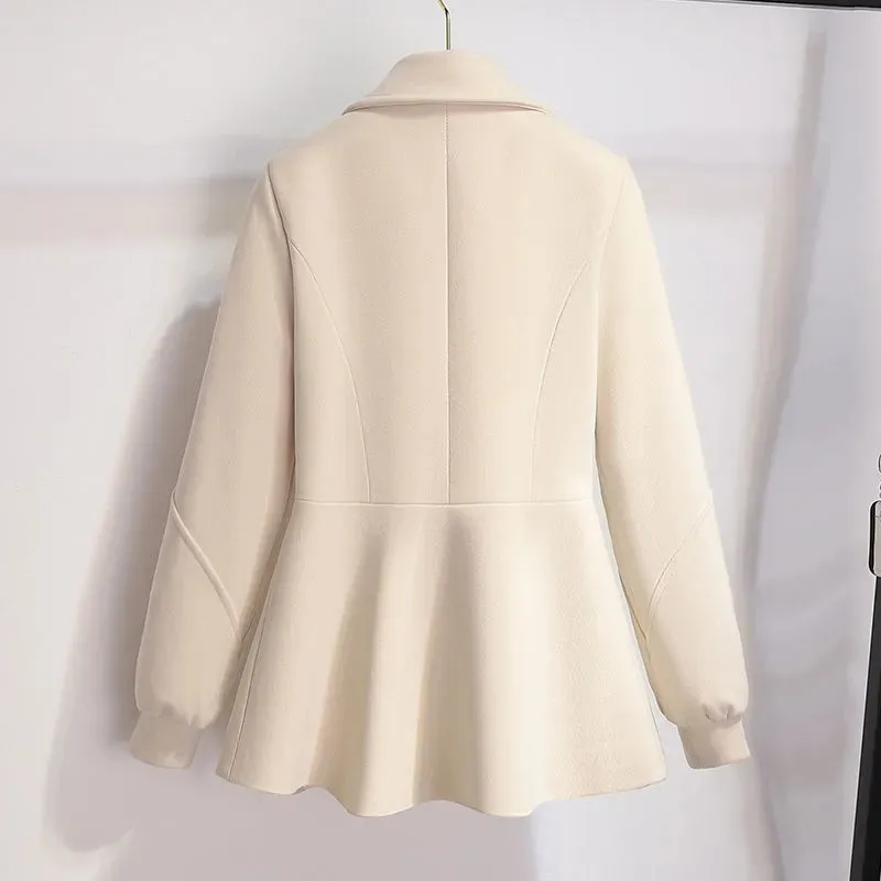 2023 New Autumn And Winter Wool Jacket Womens Clothing Woolen Coats Belt Short Clothes Female Beige Windbreaker Outerwear