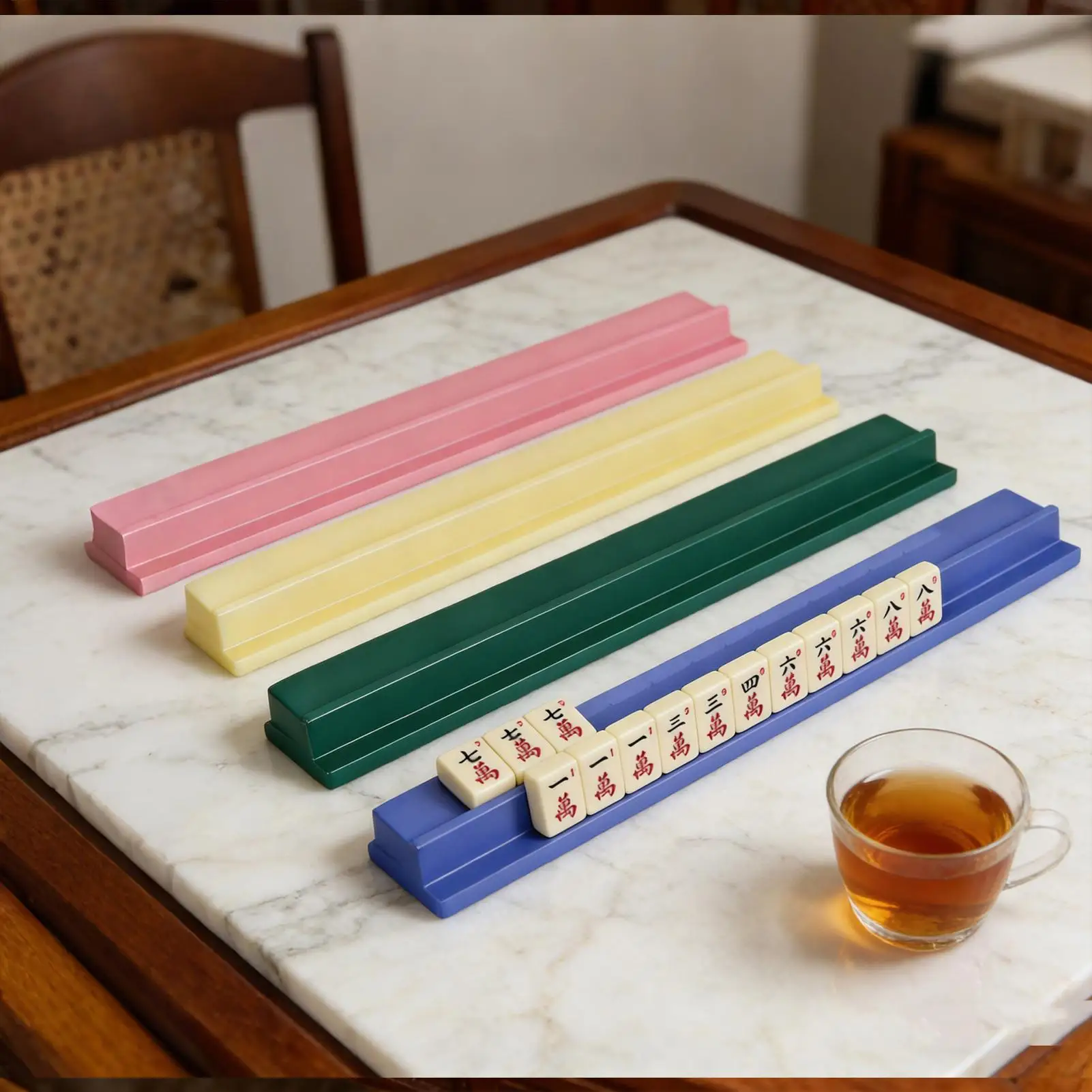 

Набор из 4 разноцветных деревянных подставок для маджонга, органайзер для хранения, аксессуары для настольных игр, принадлежности для маджонга