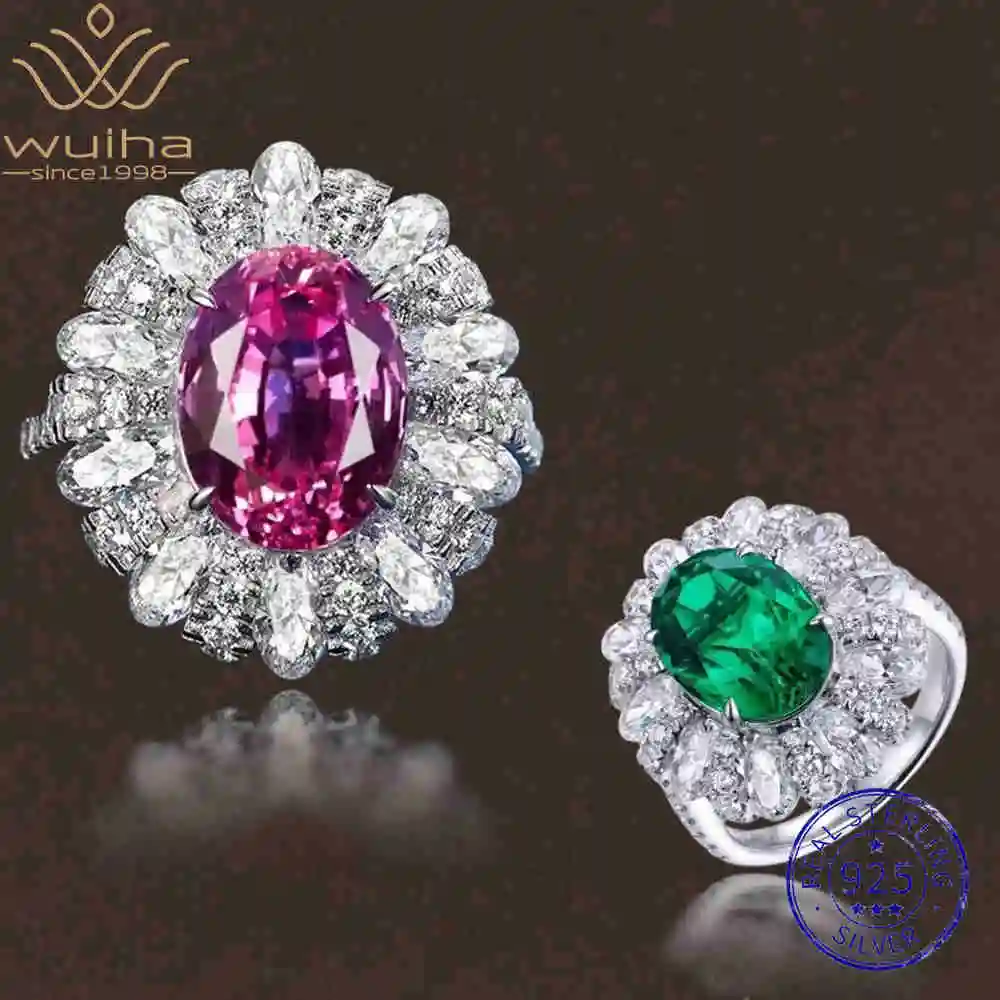

WUIHA 100% 925 Sterling Silver 9 * 12 MM Lab Sapphire Emerald High Carbon Diamonds Gemstone Wedding Engagement Ring Fine Jewelry
