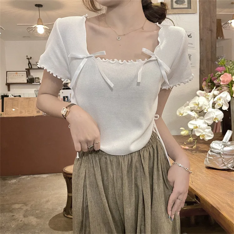 Summer Women's T-Shirts Knitted Bow Lace Top Fashion Drawstring Design Sweet Girl's T-Shirt Square Neck Short Sleeved Shirts