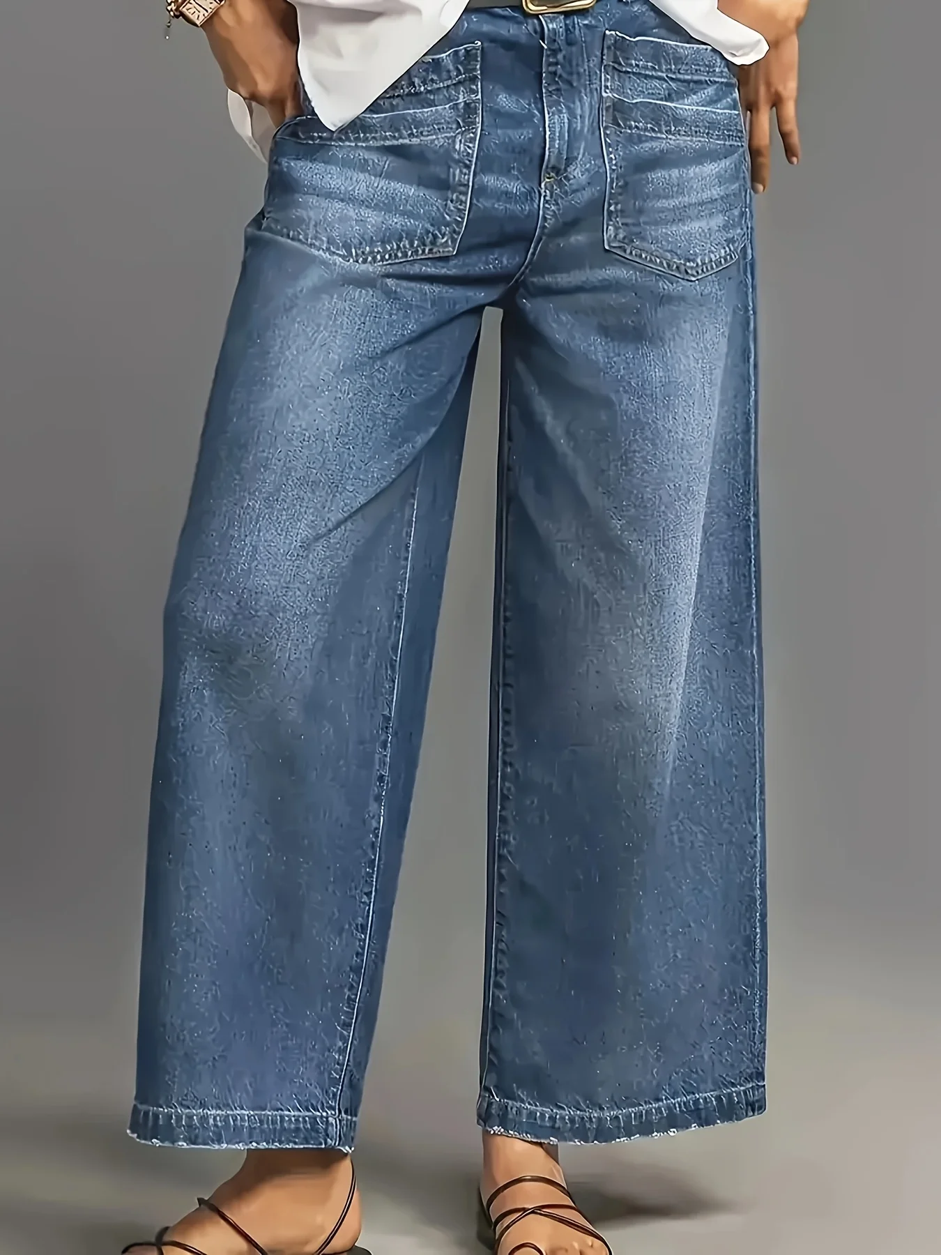 女性用非伸縮性ブルーワイドレッグルーズハイウエストジーンズ、ストレートチューブルーズワイドレッグバージョン、ファッショナブルでシンプル