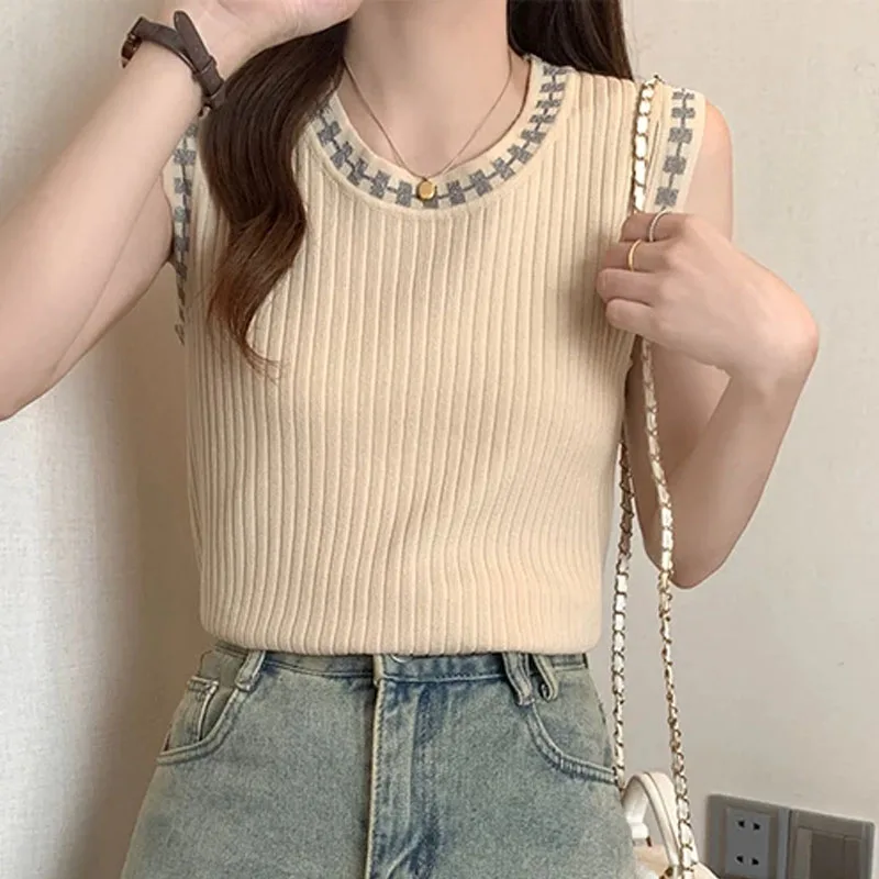 

Women Clothing Knitwears White O-Neck Knitted Sweater Women Pullovers Fashion Sleeveless Knit Sweater Pullover Women Tops H685