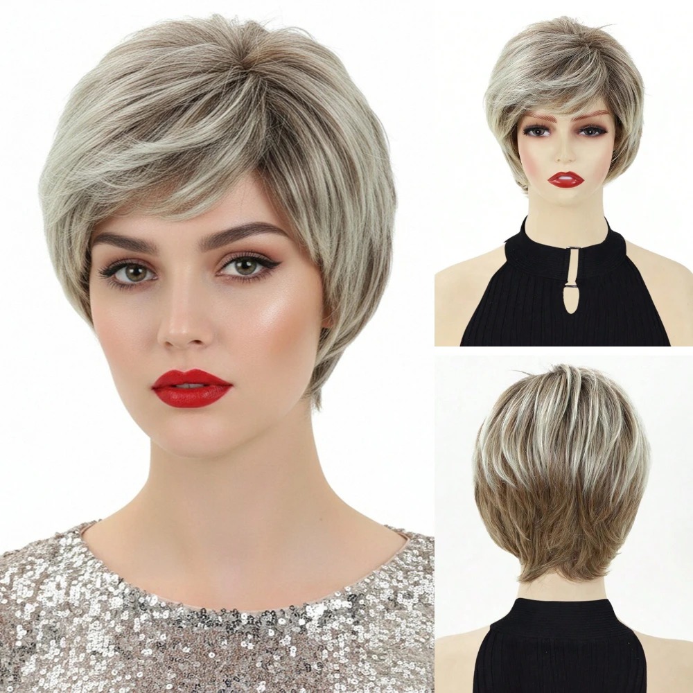 

Short Straight Fluffy Wig Cut Blonde Heat Resistant Layered Synthetic Wig for Women Halloween Daily Use