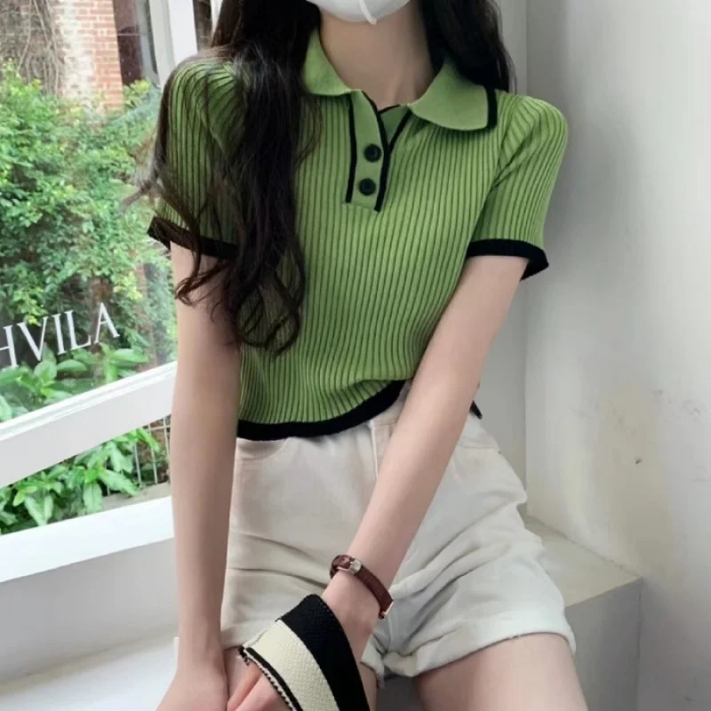 Contrast Color Polo Collar Shoulder Knitted Short Sleeves T-shirt Women\'s Summer Slim-Fitting Design Sense Niche Short Tops