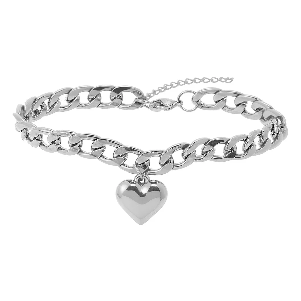WG 1pc Stylish Stainless Steel Women Anklet Simple Heart-Design Beach Chain Anklet For Summer Jewelry