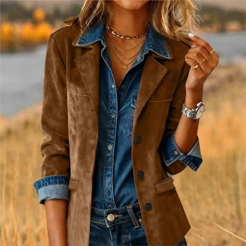 

Fashion Women's Khaki Suede Jacket Notched Collar Single Breasted Full Sleeve Blazer Coat 2025 Spring Fall Lady Loose Streetwear