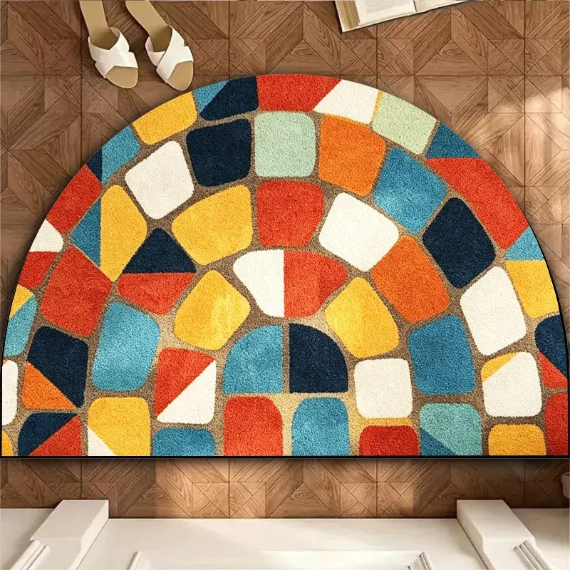 VIKAMA Semi Circular Retro Church Glass Flower Window Mat, Non-Slip Door Rug for Bathroom & Entryway, Stained Glass Decor