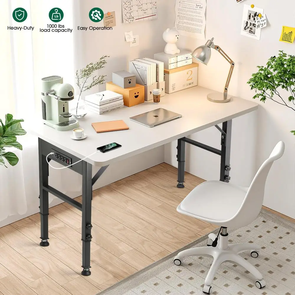 Adjustable Metal Table Legs Set with Power Outlets USB Ports & Floor Protectors Heavy Duty Workbench Frame Home Furniture