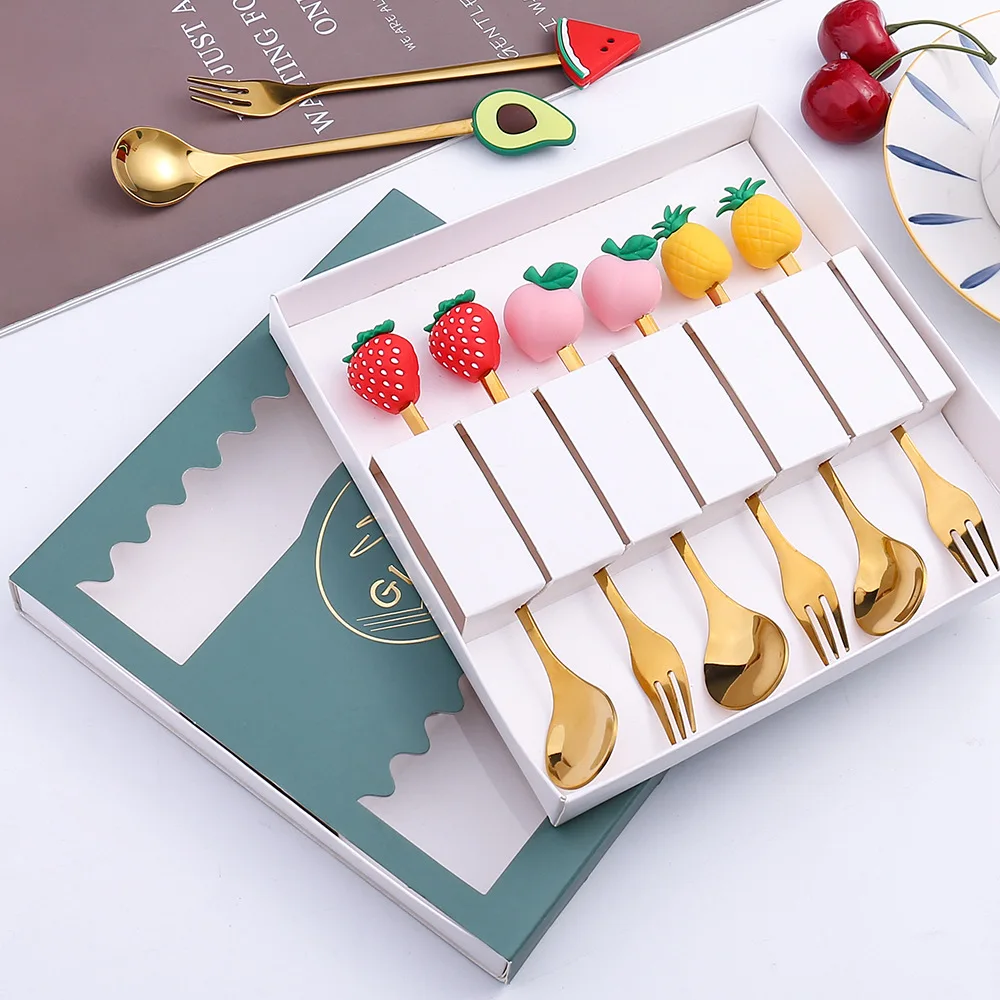 Juego de vajilla de regalo, tenedor, cuchara de muñeca bonita, cuchara de fruta, tenedor, cuchara de café, cuchara de Animal, juego de regalo de compañero, 4 Uds./6 uds.