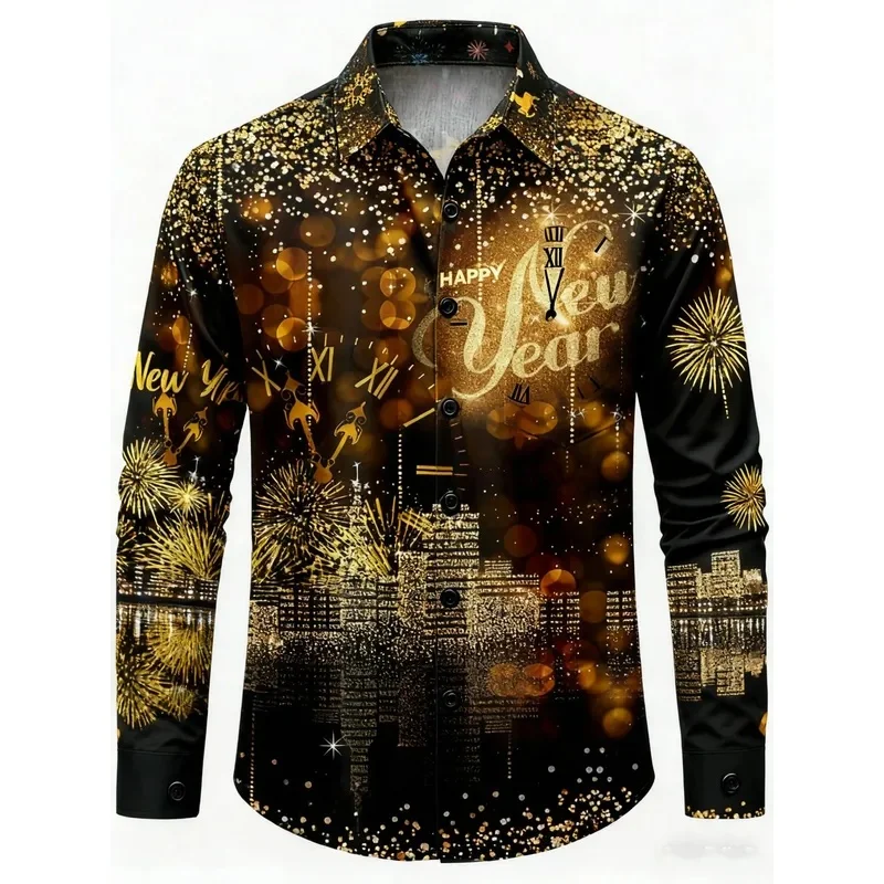 Fun Christmas Men's Long-Sleeve Shirt with Wine Glass and Santa Claus Print, Loose Fit, Buttons for Holiday Casual Celebrations