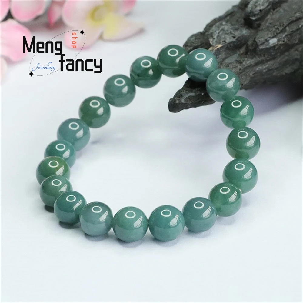 Natural Jadeite Bracelet Old Blue Water Round Bead Jade Bracelet Exquisite Elegant Simple High-grade Luxury Quality Fine Jewelry