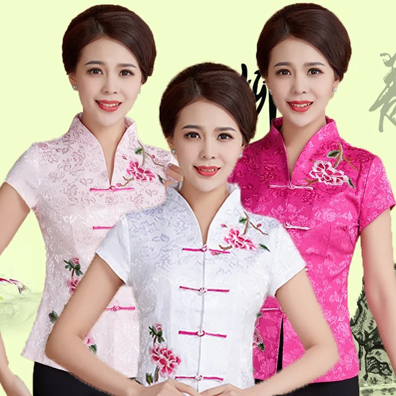 

Tang Suit Short-sleeved Women's Summer Hanfu Mother Suit Chinese Style Cheongsam Top Middle-aged and Elderly Ethnic
