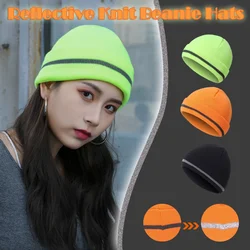 Unisex Autumn Winter Warm Knit Hat Beanie Outdoor Night Safty Reflective Stripe Cycling Running Work Cap Fluorescence Ski Bonnet