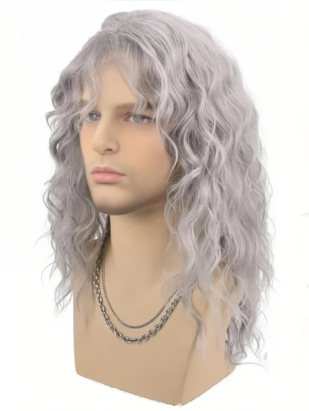 Synthetic Men's Wig Grey Natural Curly Male Wig with Bangs Water Wave Daily or Cosplay for Men Adjustable Wig image 4