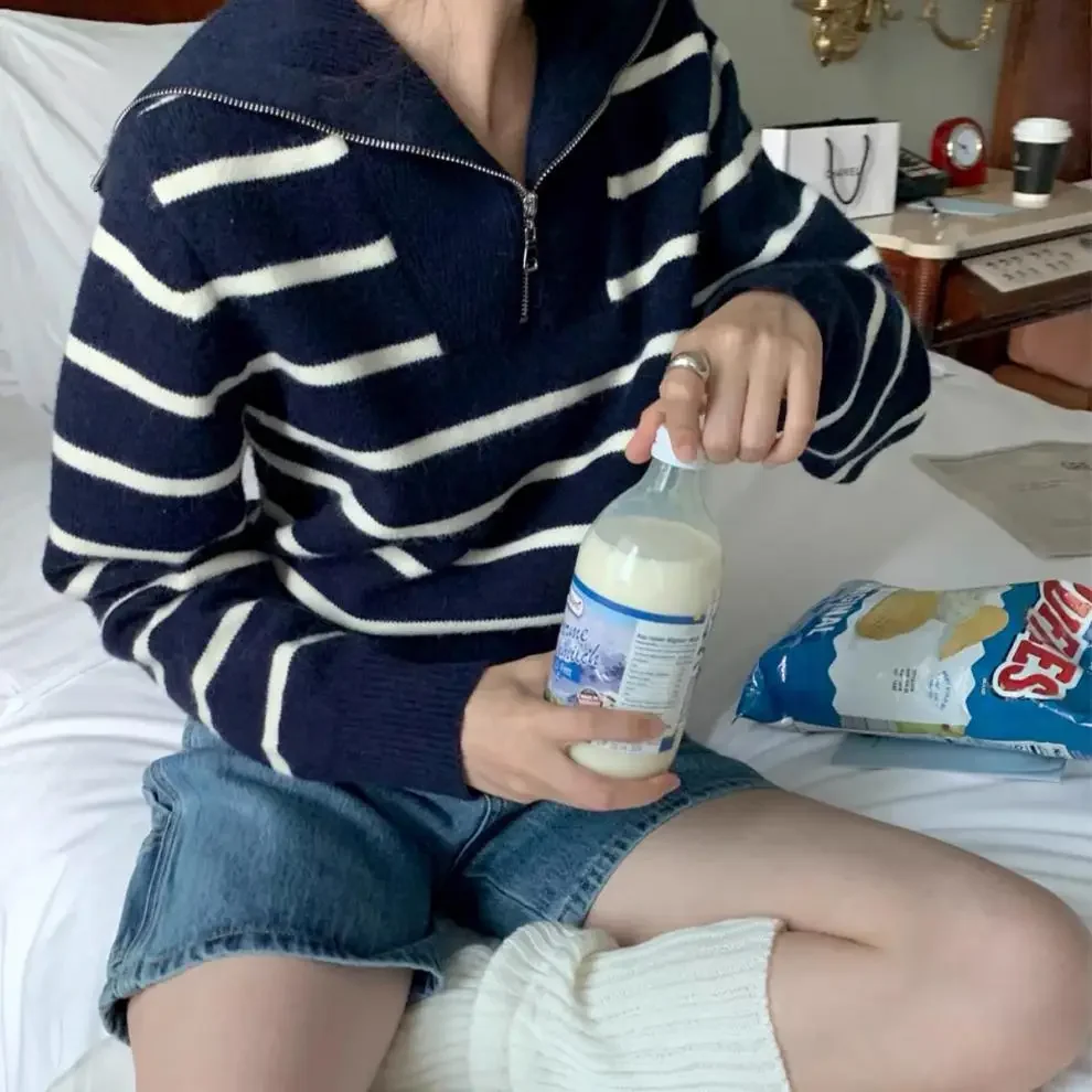 여성용 한국 레트로 하프 지퍼 네이비 칼라, 루즈 캐주얼, 다용도 긴팔 스트라이프 니트 스웨터, 3099 #
