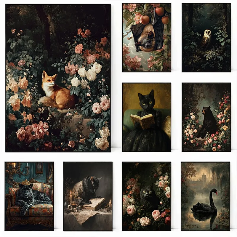 Vintage Forest Animal Poster Fox Cat Swan Oil Painting Enchanted Woodland Gothic Art Wall Decor Rustic Wildlife Canvas Print