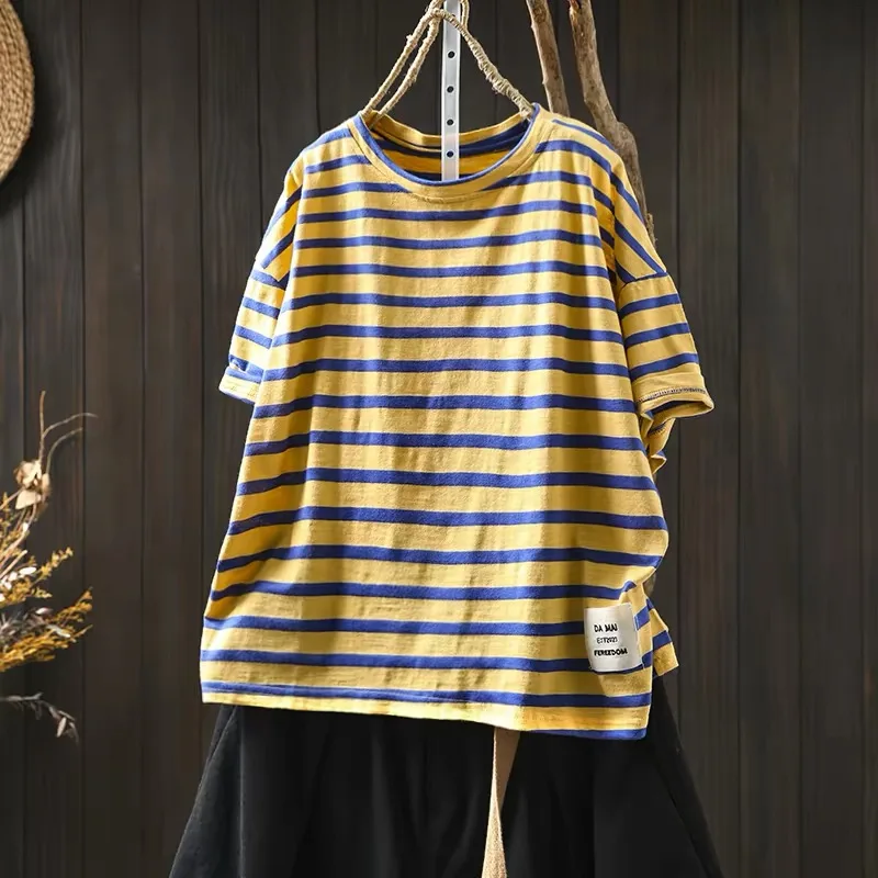 2026 Women's Harajuku Fashion Cotton Striped Short Sleeve T‑Shirt Vintage Loose Fit Crew Neck Casual Summer Tee Top with Label P