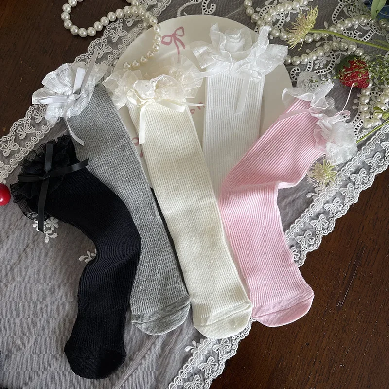 2026 New Spring Girls Lace Calf Sock Solid Color Bow Toddler Princess Sock  for Kids Girl Cotton Breathable Socks