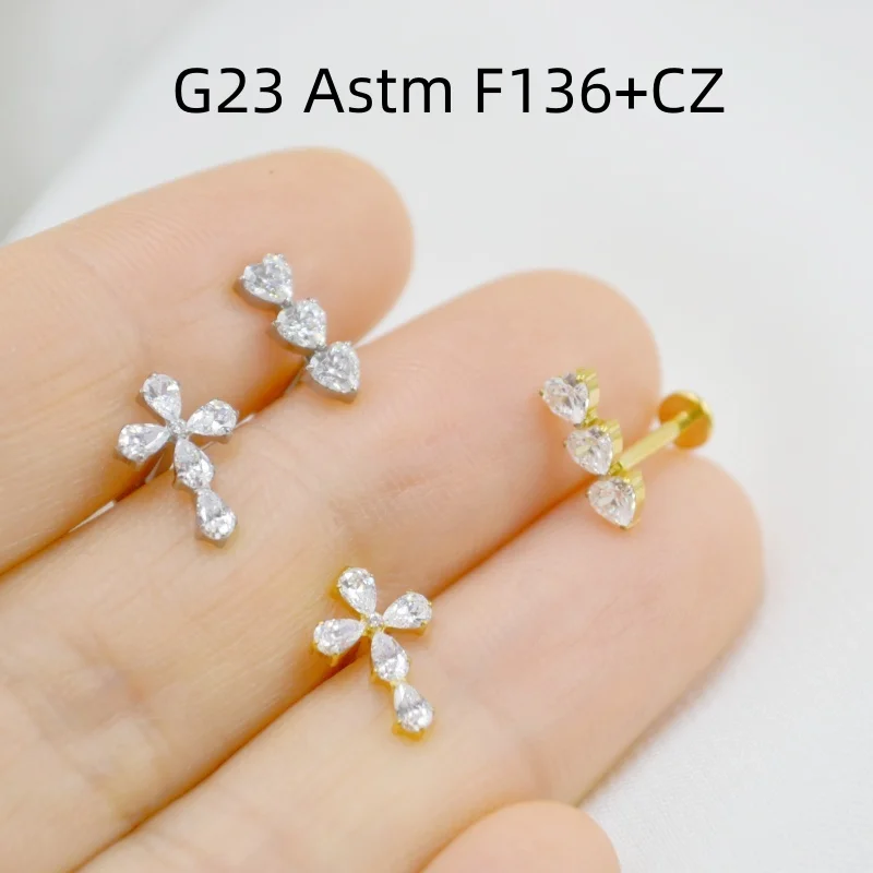 10pcs G23 Titanium Astm F136 Heart Cross CZ  Internal Thread Lip Labret Bar Ear Helix Tragus Rook Barbells Stud Piercing Jewelry