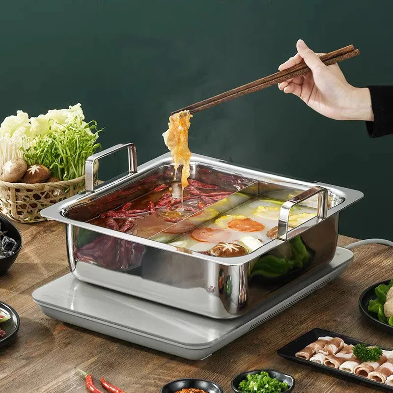 Food Divided Hot Pot Dish Cooker Meat Noodle Big Stainless Steel Chinese Hot Pot Square Soup Vegetable Fondue Chinoise Cookware