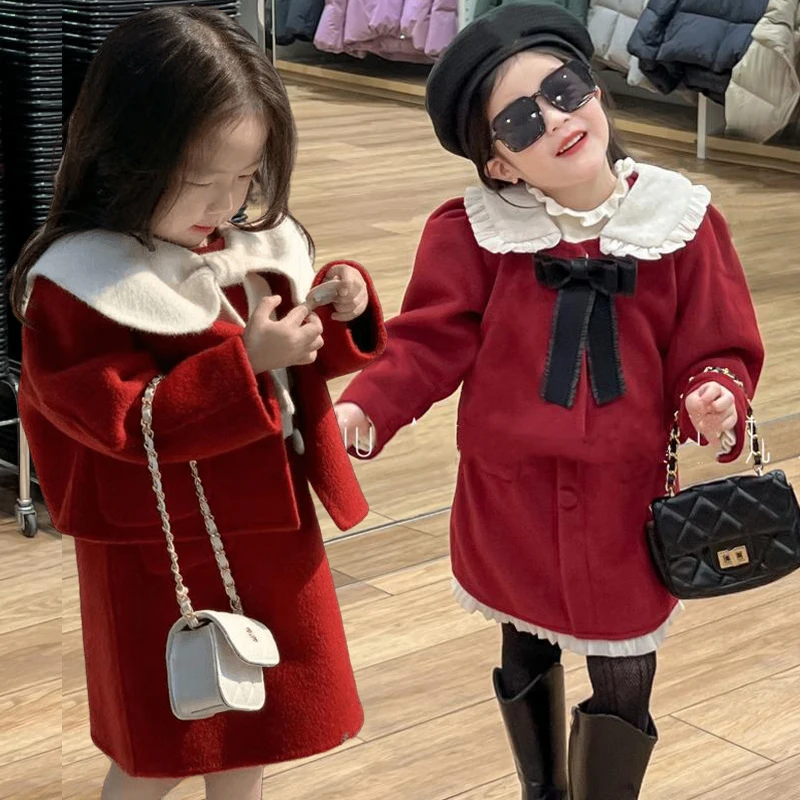 Baby Red Woolen Coat Dress Suit Girls New Year Greetings Jacket Vest Skirt Two-Piece Set Christmas Holiday Party Costumes Gift