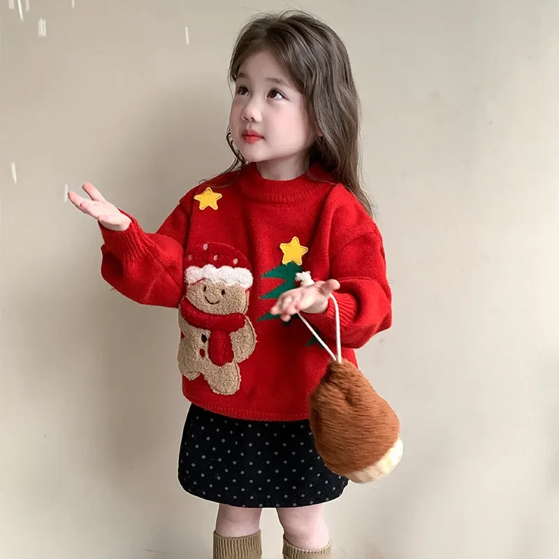 Meninas camisola 2024 inverno novas crianças usar estilo coreano menina bebê grosso natal dos desenhos animados camisola casual simples diariamente