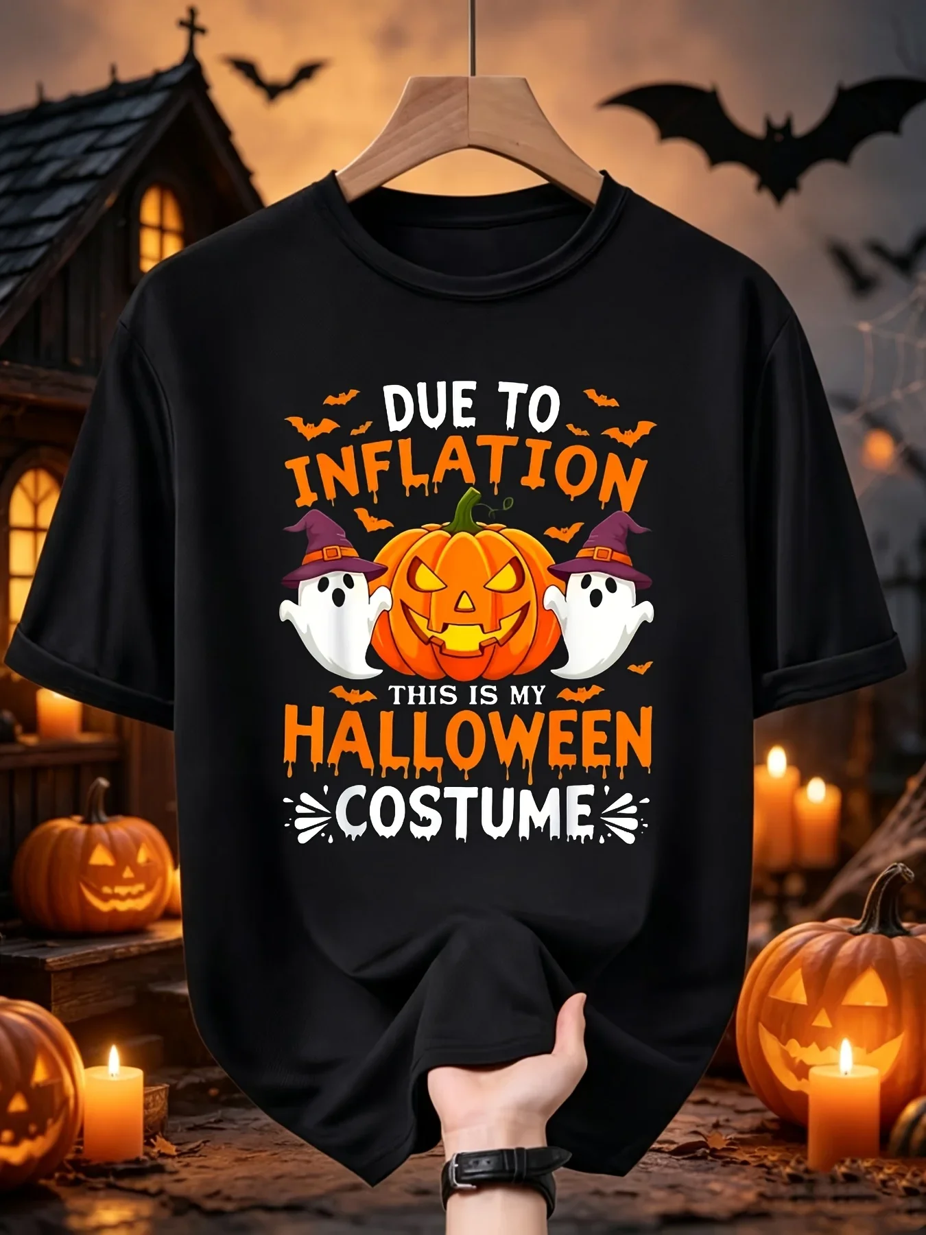 Men's PlusSize Inflatable TShirt with BladderFillable Transformation Instant Costume Suitable for Halloween Parties Casual Attire Black Orange Pumpkin Bat Print Crew Neck ShortSleeve to Retro Casual Round Neck Printed T-shirt Unisex, PLUS SIZE