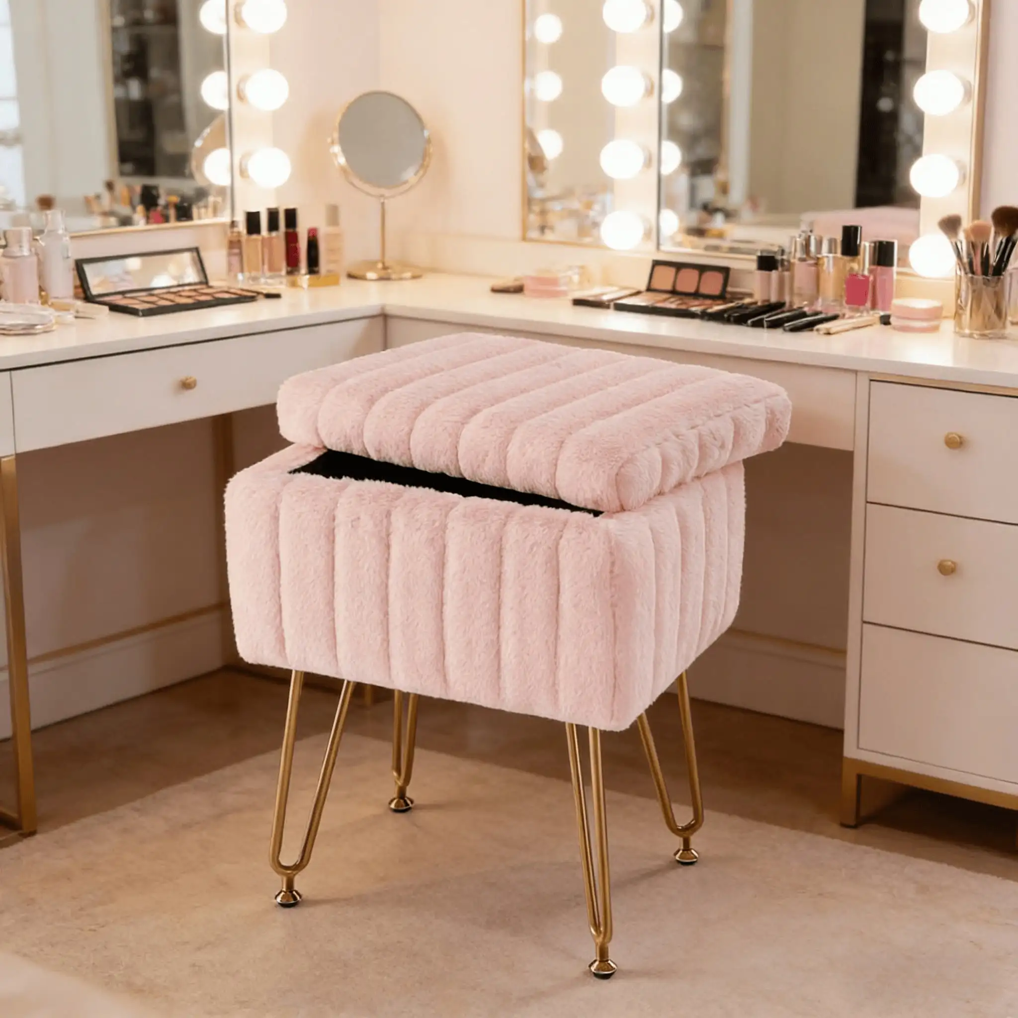 

Роскошный пуфик из искусственного меха с скрытым отсеком для хранения, противоскользящие регулируемые прочные металлические ножки, подставка для ног для макияжа, Ultra-S