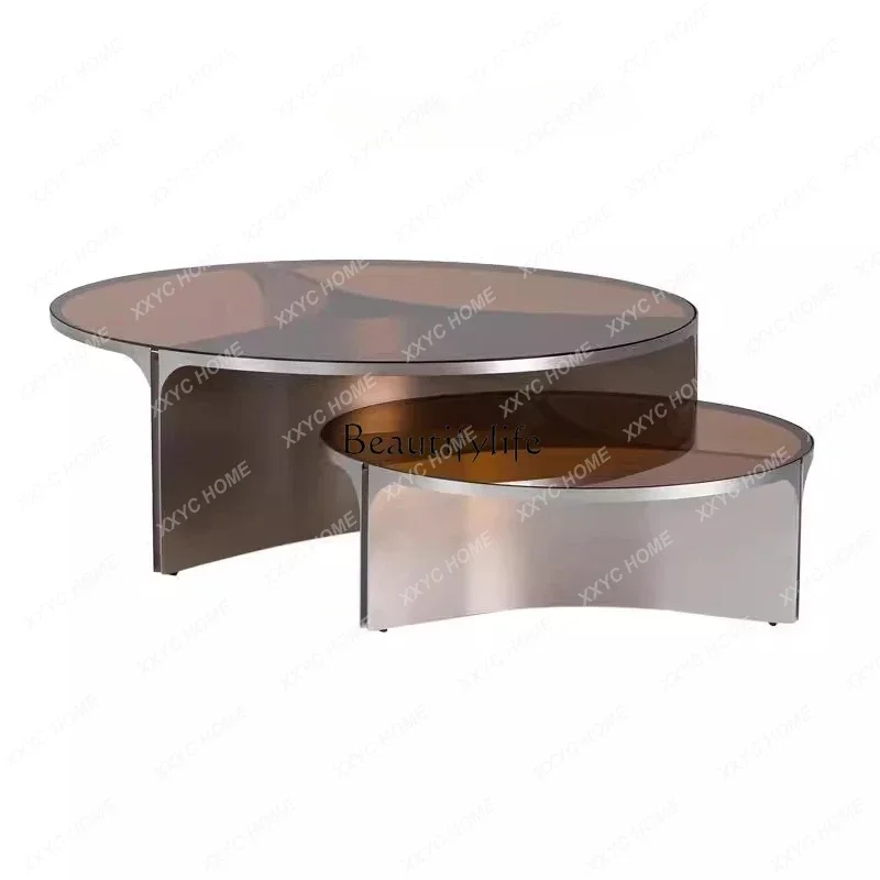 

Light Luxury Tempered Glass Round Coffee Table Set Minimalist Modern Creative Villa Designer