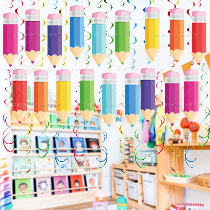48pcs Colourful Paper Pencil Streamers Pvc Spiral Decoration Spiral Banner Party Ceiling Hanging Ornaments For School Home Kid view 3