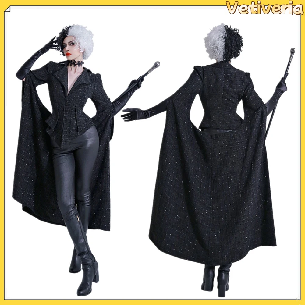 Female Cruella Cosplay Costume Black Coat Wig Outfits Adult Halloween Carnival Role Play Women Clothing Suit