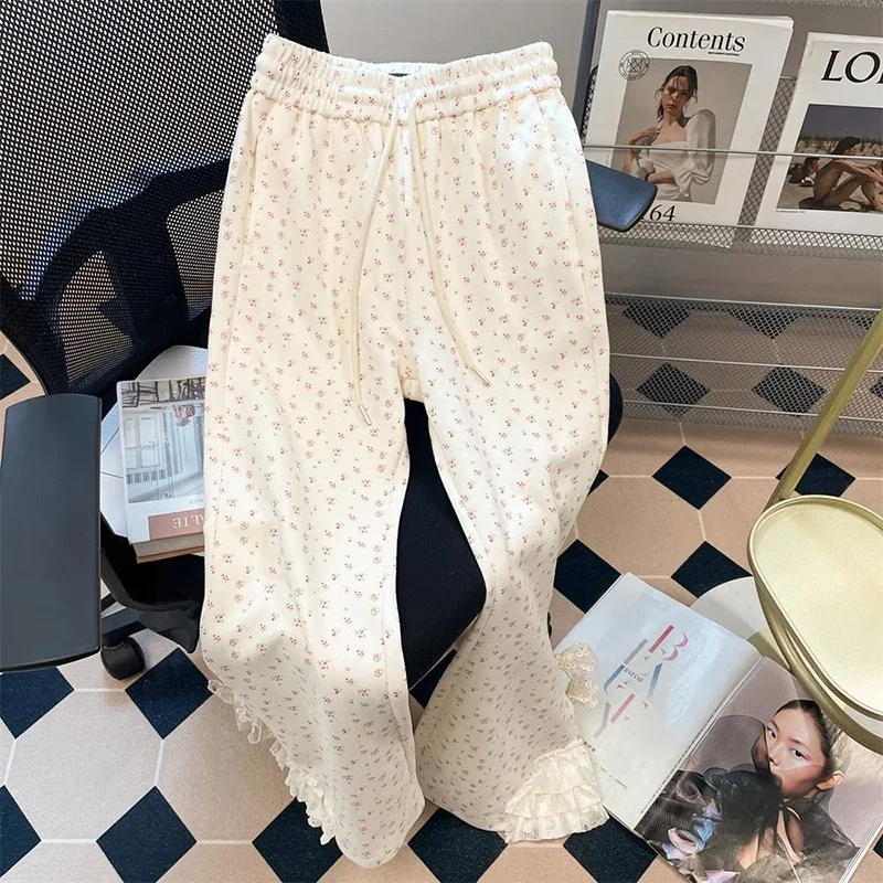 

Fashion Chic Floral Sweet Wide Leg Pants Women Bow Lace Patchwork High Waist Trousers Japan Cute Loose Female Casual Y2k Pants