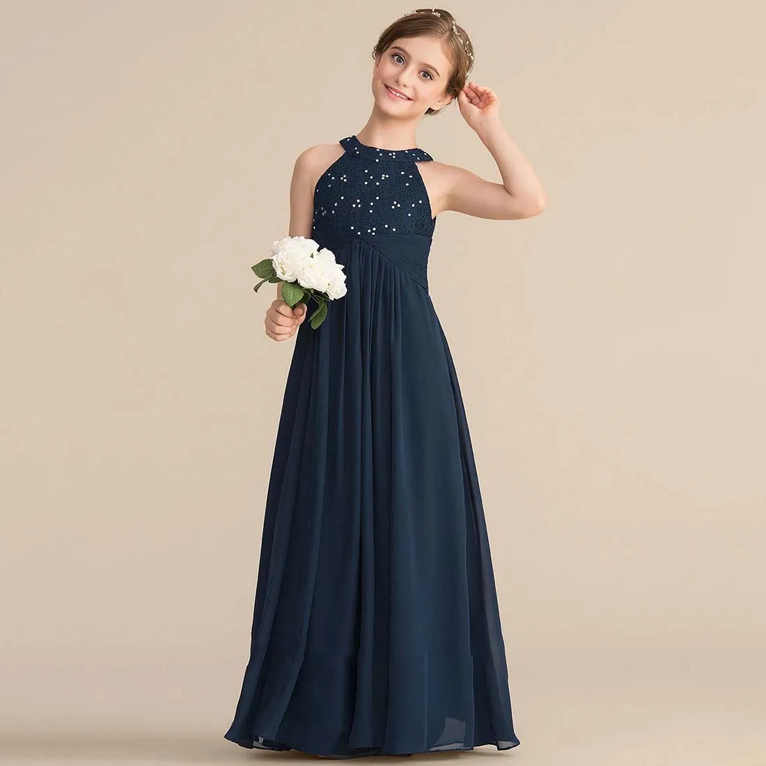 

YZYmanualroom Chiffon Lace Junior Bridesmaid Dress With Beading A-line Halter Floor-Length 2-15T