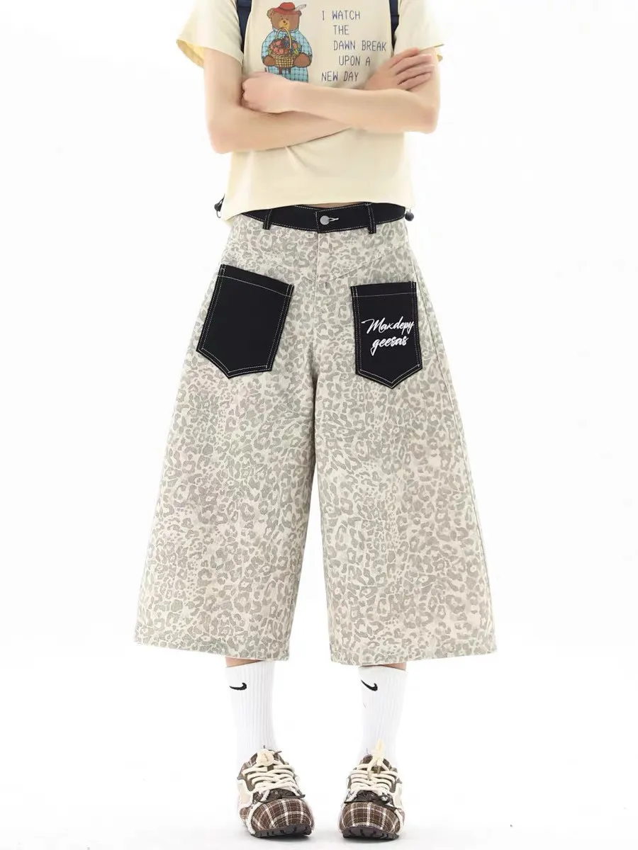 Calças Jeans Retrô Americanas com Estampa de Leopardo, Corte Solto e Perna Reta, Shorts Casuais para Homens e Mulheres, Calça...
