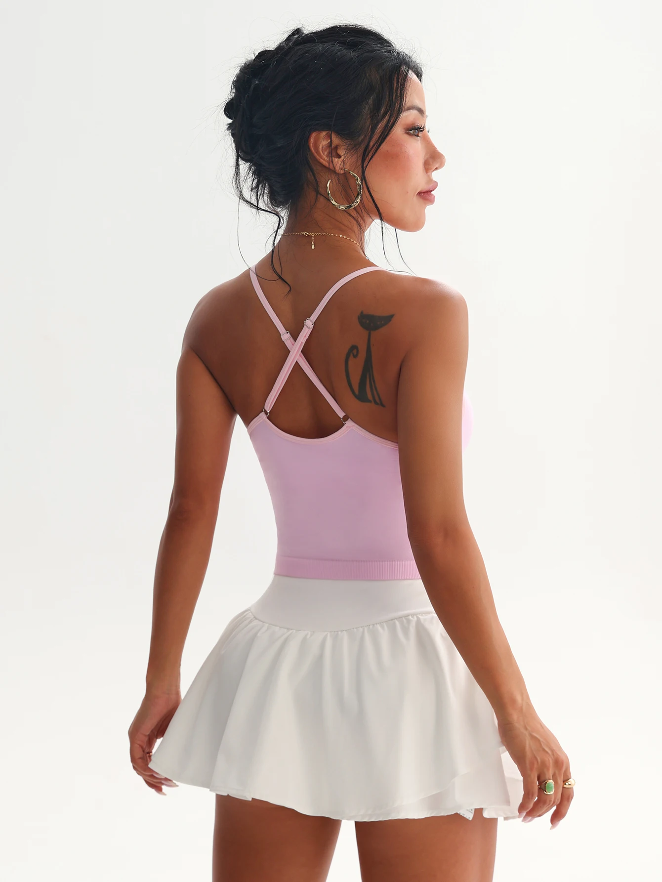 Pink Seamless Yoga Bra Tank Women Criss Cross Thin Strap Crop Cami Double Lined Ribbed Hem Scoop Neck Athletic