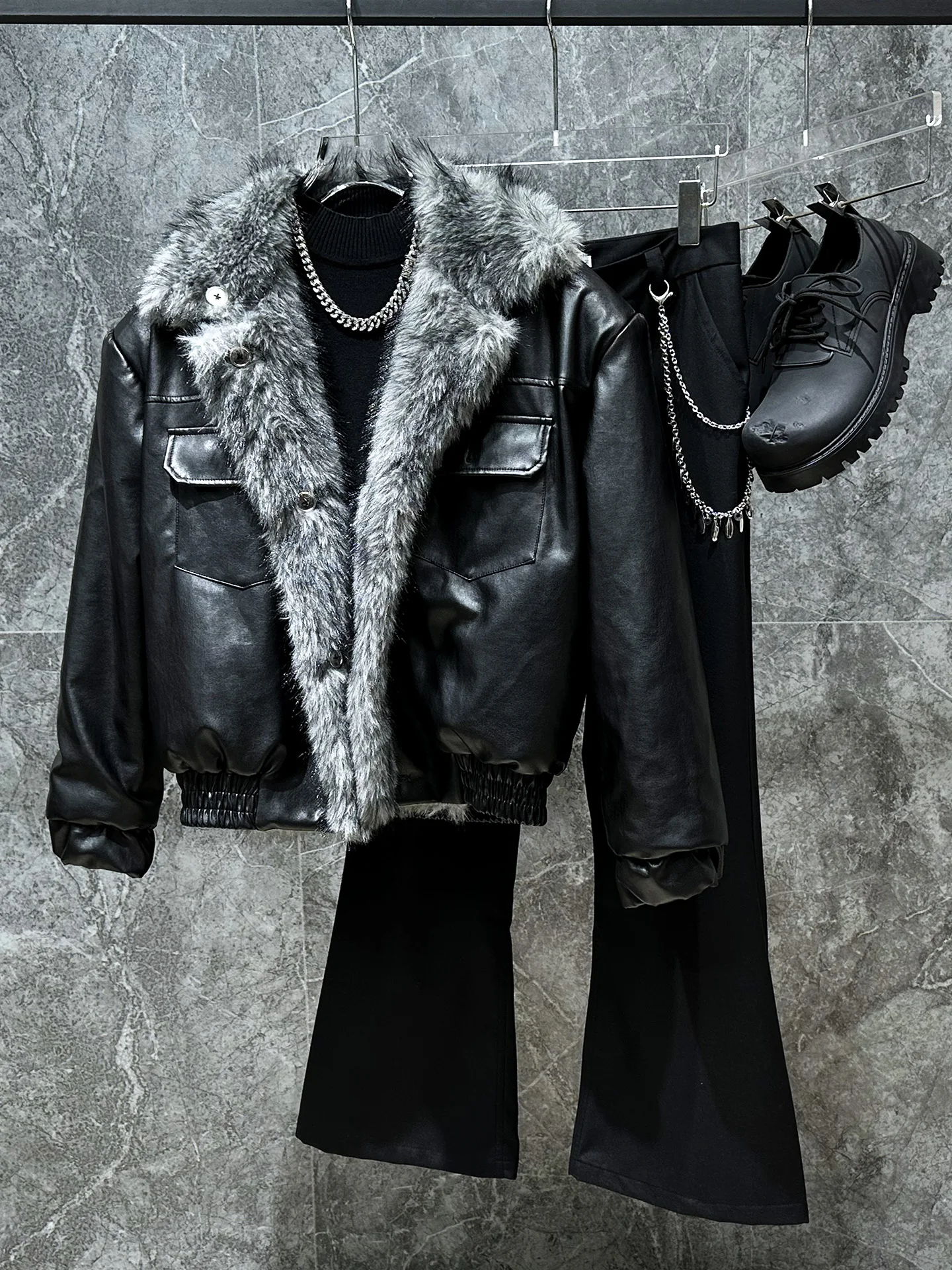 

Двусторонняя теплая мужская куртка из искусственной кожи с меховой подкладкой, свободного кроя, для мотоциклистов, осенне-зимняя, молодежная