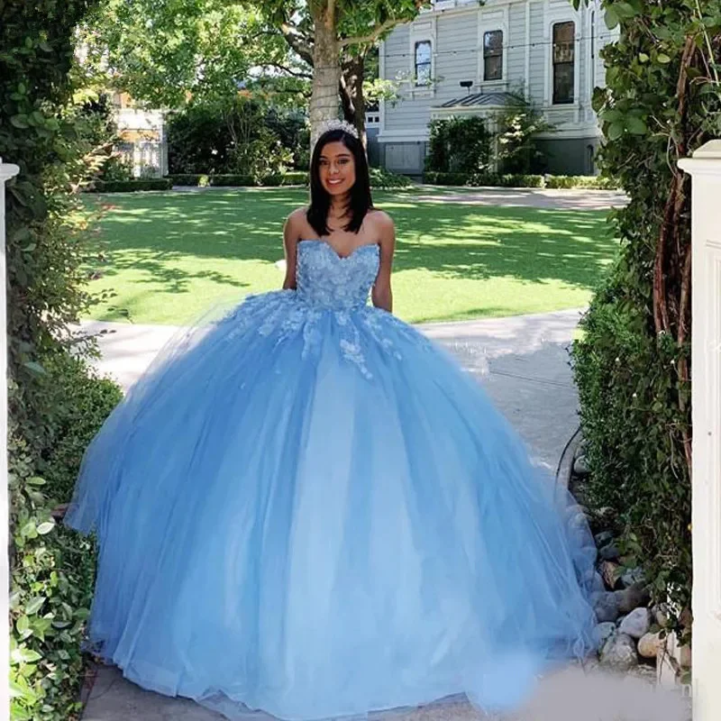 Vestido clásico De tul hasta el suelo para quinceañera, traje Formal con perlas y flores, color azul claro, 15 Años