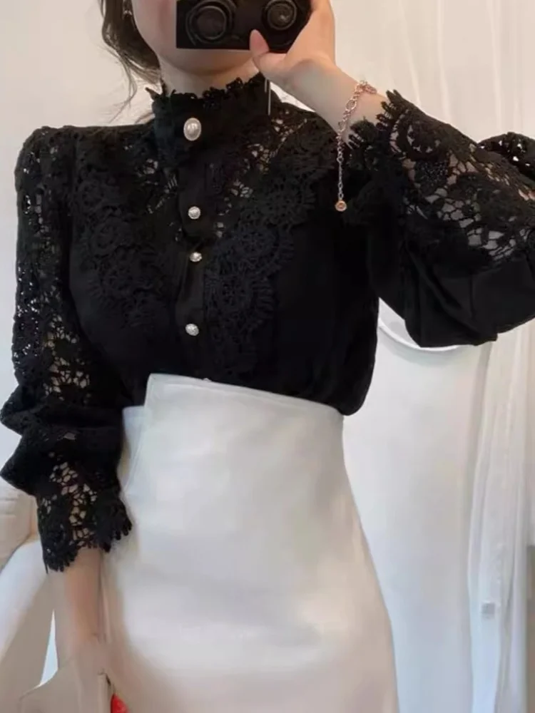 패션 홀로우 아웃 레이스 패치워크 여성 셔츠 오피스 레이디 우아한 꽃잎 소매 블라우스 봄 긴 소매 스탠드 칼라 탑스