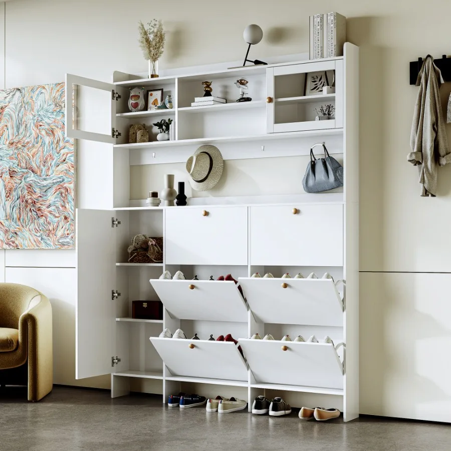 

[VIDEO provided] ONTREND Multifunctional Tipping Bucket Shoe Cabinet with Storage Shelf 6 Flip Drawers Large Hall Tree with Tem