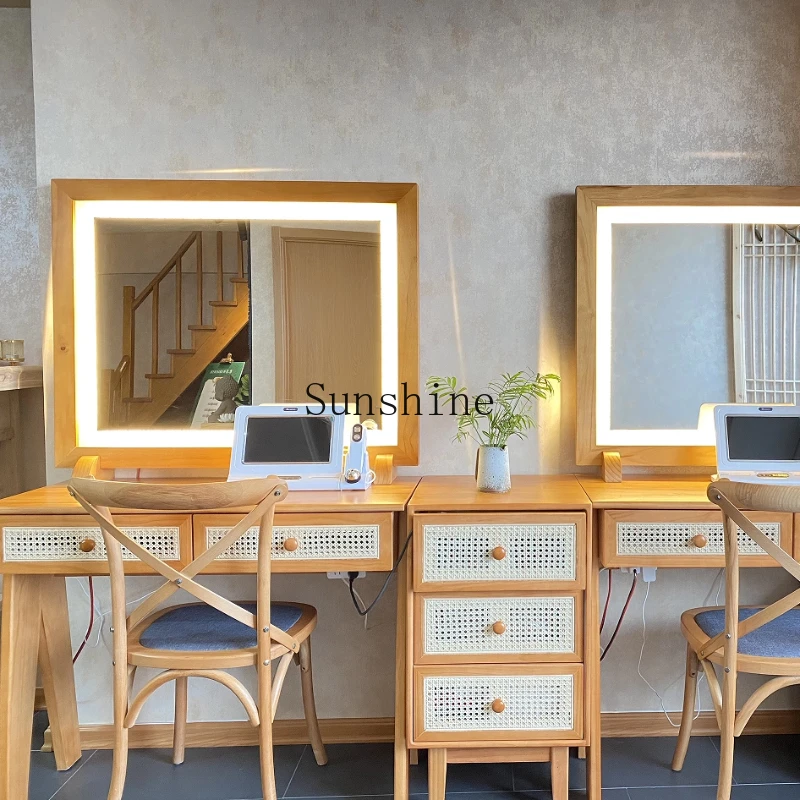 

Simple and modern new Chinese-style solid wood makeup mirror table with special lights for beauty salons