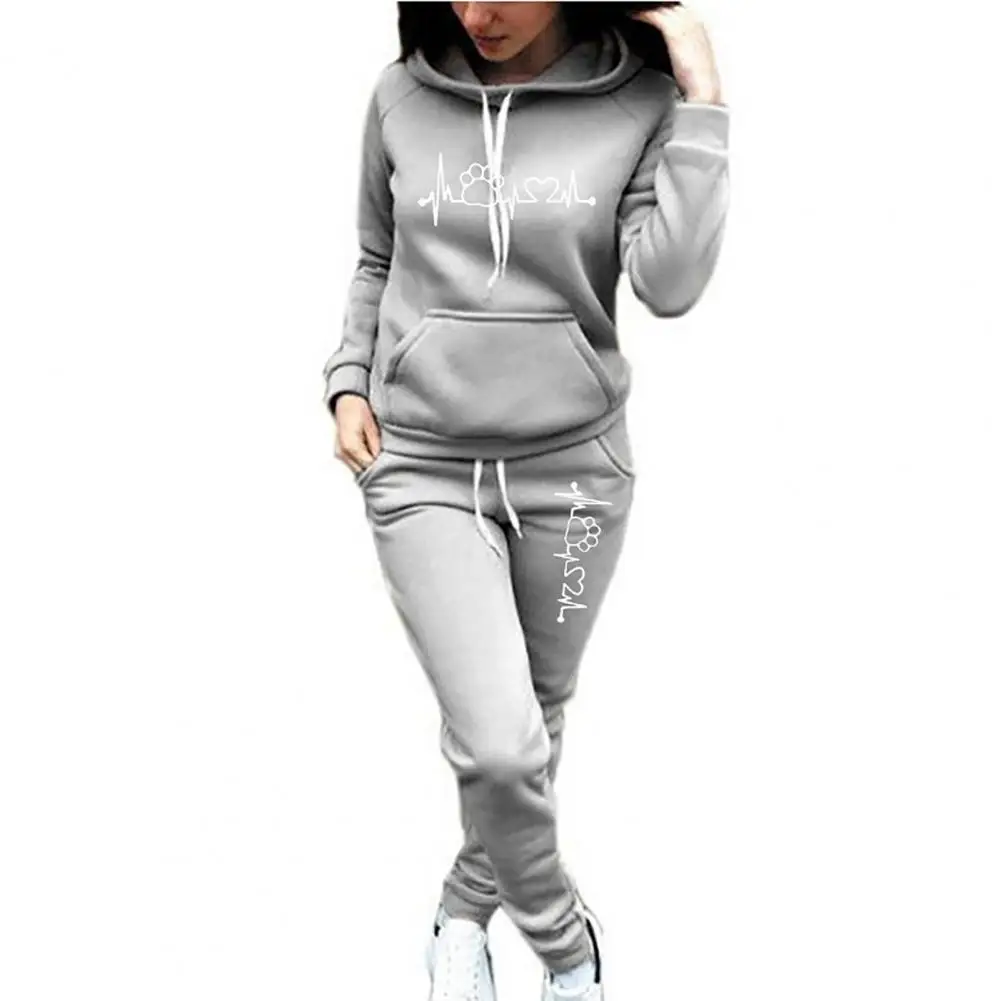 2Pcs/Set Trendy 3D Cutting Casual Tracksuit Pockets Lady Winter Heartbeat Print Slim Hoodie Sweatpants Set Cold Resistant