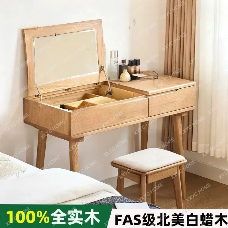 White ash wood flip-top vanity table, solid wood hidden mirror vanity table, bedroom storage vanity table