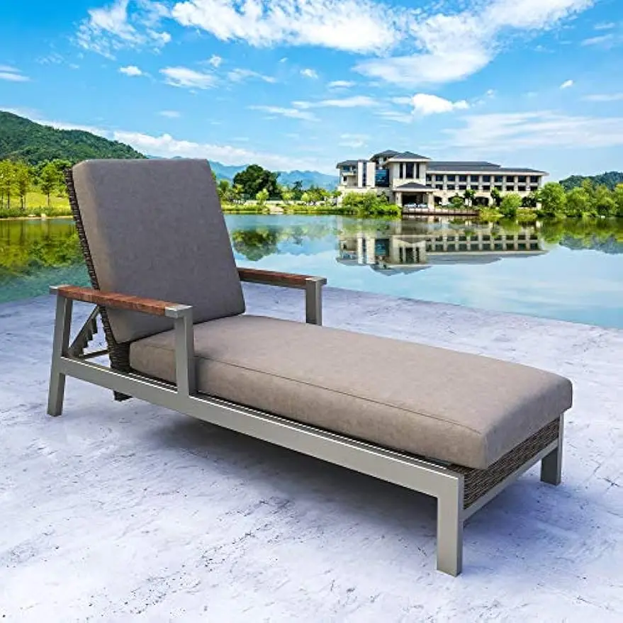 

LOKATSE HOME Patio Adjustable Chaise Outdoor Rattan Lounge Furniture Wicker Armrest Chair with Cushion for Beach, Poolside