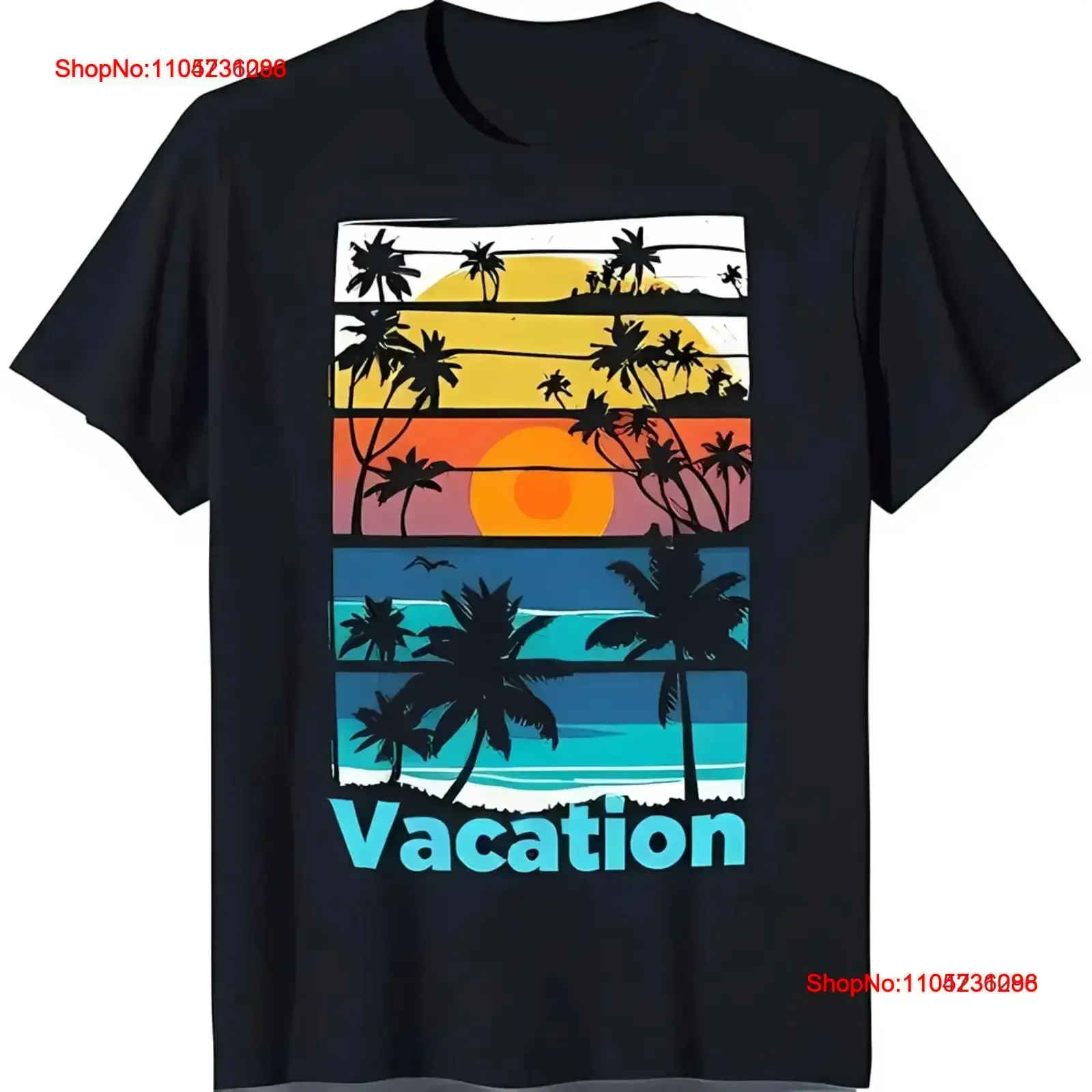 تي شيرت أسود لمشهد الشاطئ النابض بالحياة مع أشجار غروب الشمس الملونة "عطلة" تصميم عتيق مغسول للارتداء اليومي عتيق #1