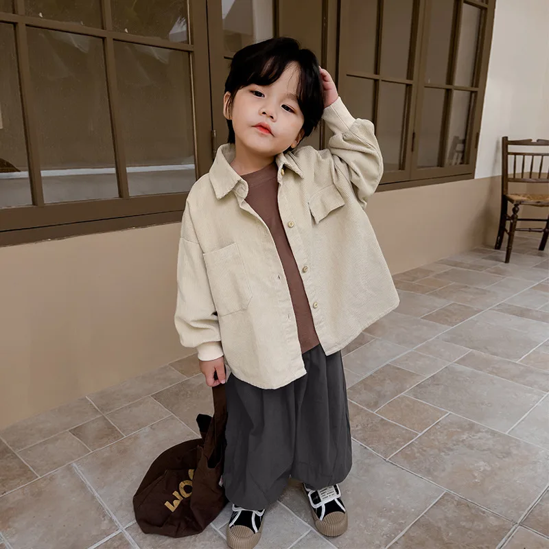 Children clothing Korean style corduroy shirt 2024 spring autumn boys solid color simple shirt fashion casual long sleeved top